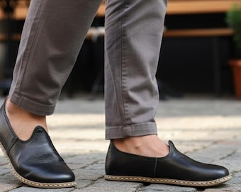 Men's Genuine Black Leather Wide Toe Box Shoes, Barefoot Style, Comfy Loafer
