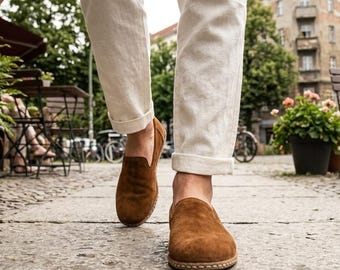 Breite Zehen Box Flache Zunge Braun Wildleder Echtleder Loafers, Barfuß Style Schuhe