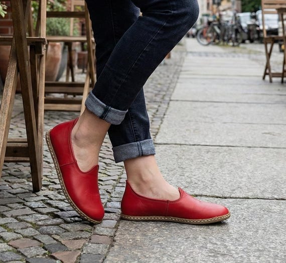 Wide Toe Box Women's Genuine Red Leather Shoes, Foot Shaped Flat House Shoes, Barefoot Style Comfy, Women's Authentic Free Toes Slip Ons