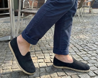 Men's  Wide Toe Box Nubuck Black Leather Shoes, Flat Loafer, Barefoot Style Authentic  Slip-ons
