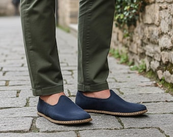 Mocasines de piel con puntera ancha, zapatos de nobuk azul marino para hombre, estilo descalzo, sin cordones