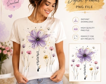 Boho Floral Mama PNG | Projekt koszulki dla mamy z motywem retro dzikich kwiatów | Kwiatowe macierzyństwo PNG | Kwiaty w stylu boho w stylu vintage | Sublimacja cyfrowa na Dzień Matki.