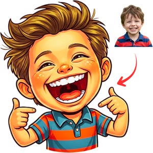 May include: Cartoon illustration of a smiling boy with brown hair, fair skin, and a blue and orange striped shirt. The boy is pointing at himself with both hands. A smaller photo of the boy is in the upper right corner.