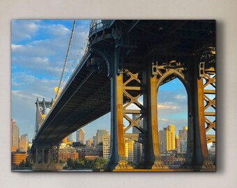 Manhattan Bridge Sunset Photography Print, NYC Steel-Wire Suspension Bridge