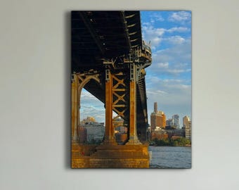 Manhattan Bridge Sunset Photography Print, NYC Steel-Wire Suspension Bridge