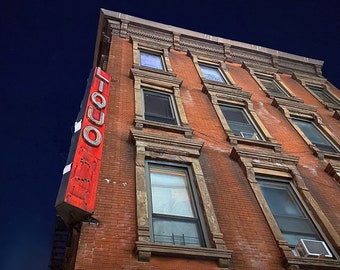 Harlem building / Vintage Neon Liquor Sign / Classic Red Brick Building, Walkup / Manhattan / NYC photo