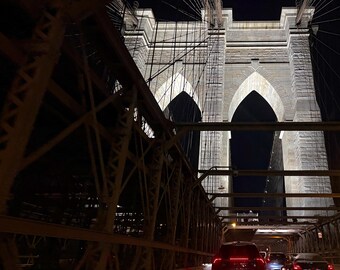 Brooklyn Bridge Night Photography Print, NYC Steel-Wire Suspension Bridge