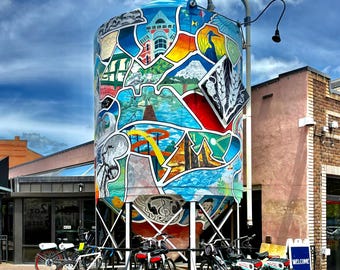 Ft Collins Colorado / colorful mural on Water Tower by Coopersmiths Restaurant / Western Travel photography