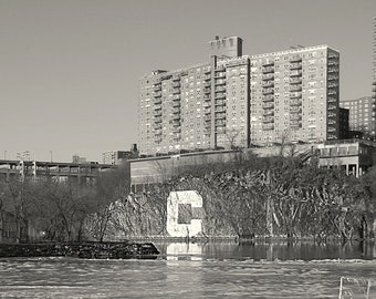 COLUMBIA UNIVERSITY letter C  / painted over the Harlem River / Bronx, New York / NYC Photo / Black and White