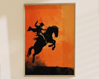 Western Cowboy Poster - Bold Silhouette Rodeo Art Print, Wild West Home Decor for Man Cave and Living Room
