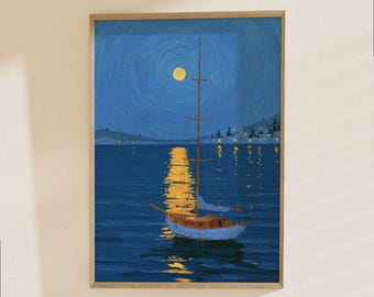 Sailboat Night Sea Poster - Moonlit Ocean Landscape Art Print, Nautical Wall Decor, Coastal Seascape Painting