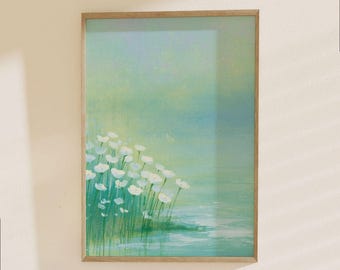 White Flowers by Water Poster - Serene Coastal Landscape Art Print, Peaceful Nature Wall Decor