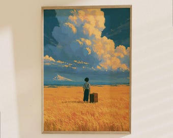 Solitary Traveler in Golden Field Poster - Adventure Landscape Wall Art, Inspirational Journey Print, Modern Fantasy Scenery Decor