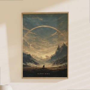 Póster de Elden Ring - Lámina artística de juegos de fantasía épica con cielo dorado y anillo místico