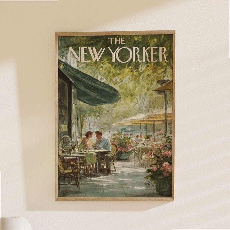 The New Yorker Poster - Vintage Café Scene with Couple, Classic Magazine Cover Art Print image 1