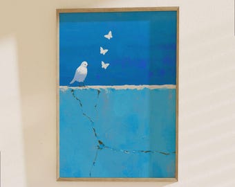 Coastal Bird and Butterflies Poster | Modern Minimalist Beach Art Print | Blue Ocean Nature Wall Decor
