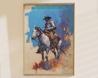 Western Cowboy Poster - Mounted Rider Desert Town Wall Art, Classic Adventure Home Decor