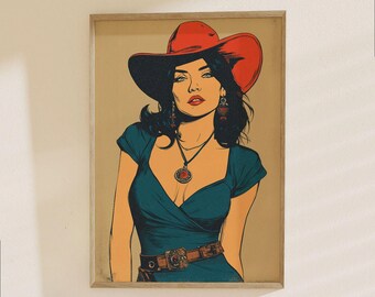 Cowgirl Portrait Poster - Western Fashion Art Print, Retro Vintage Cowboy Style Decor