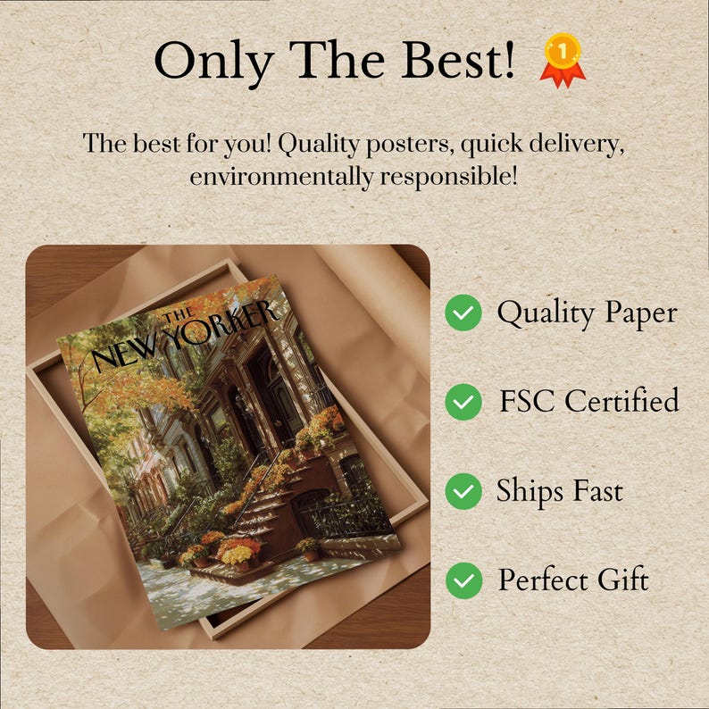 The New Yorker Poster - Autumn Brownstone Architecture Print, Fall Foliage New York City Street Scene Wall Art image 3