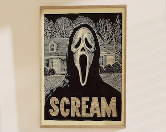 Scream Movie Poster - Classic Horror Ghost Face Art Print for Film Fans, Vintage Woodcut Style Gothic Decor