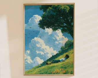 Scenic Hillside Landscape Poster - Peaceful Nature Art with Sky, Clouds, Trees and Resting Figure