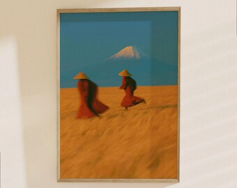 Asian Rice Field Landscape Poster - Mountain Scenery with Traditional Cone Hats, Minimalist Travel Art