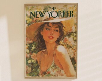 The New Yorker Magazine Cover Poster - Vintage Fashion Portrait with Floral Garden Art Print