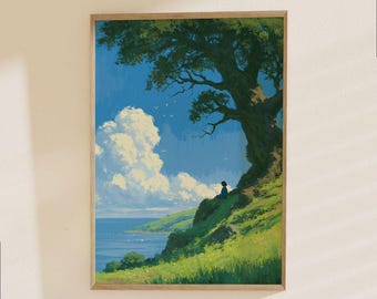 Solitary Figure Under Ancient Tree Poster - Serene Landscape Nature Art, Peaceful Contemplation Scene