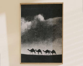 Desert Caravan Silhouette Poster - Black and White Landscape with Camels and Sand Dunes Wall Art