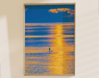 Surfer at Sunset Poster - Golden Hour Beach Ocean Wave Rider Wall Art Print for Coastal Home Decor