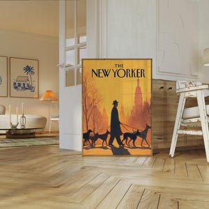 The New Yorker Poster - Vintage NYC Magazine Cover Art, Man Walking Dogs in Golden Sunset Cityscape image 6