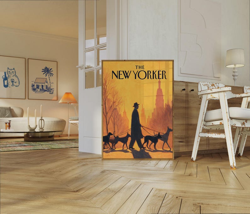 The New Yorker Poster - Vintage NYC Magazine Cover Art, Man Walking Dogs in Golden Sunset Cityscape image 6