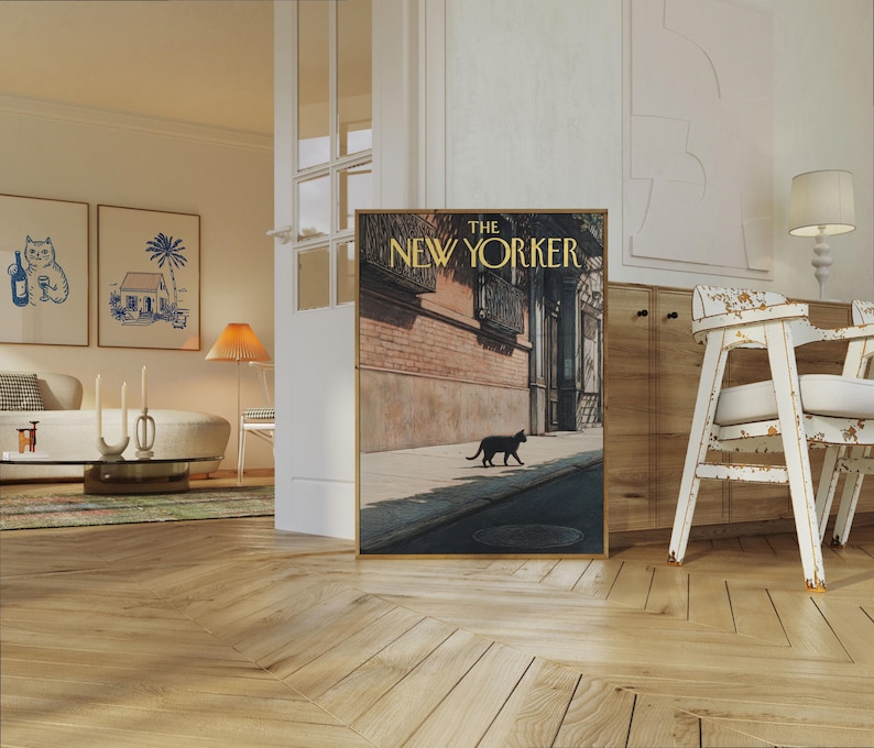 Póster de The New Yorker - Arte mural de escena urbana con gato negro, impresión de portada de revista vintage imagen 7