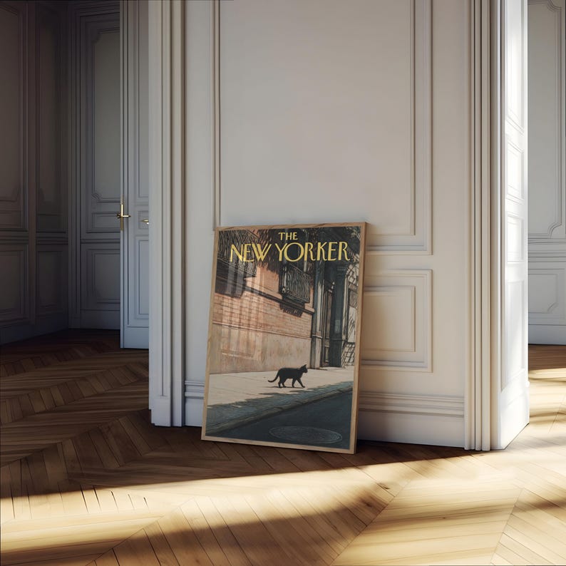 Póster de The New Yorker - Arte mural de escena urbana con gato negro, impresión de portada de revista vintage imagen 4