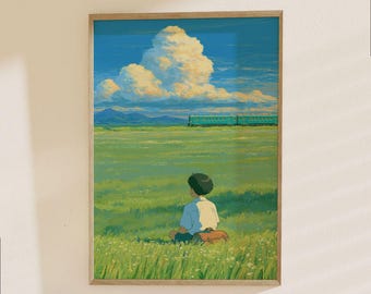 Train Journey Landscape Poster - Boy Watching Express Travel Through Green Fields and Mountains