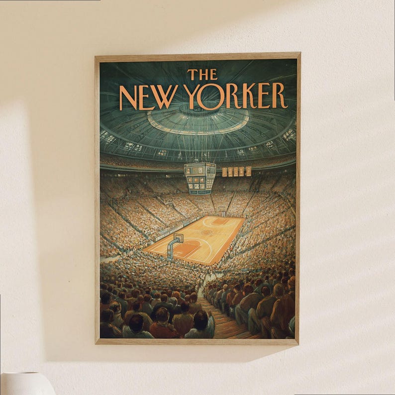 ニューヨーカー誌のバスケットボールアリーナポスター - ヴィンテージスポーツスタジアムのイラストプリント 画像 1