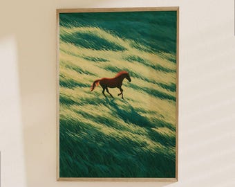 Wild Horse in Meadow Poster - Running Stallion Landscape Art Print, Nature Animal Wall Decor