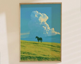 Horse in Meadow Poster - Serene Landscape Art Print, Peaceful Nature Wall Decor with Majestic Animal