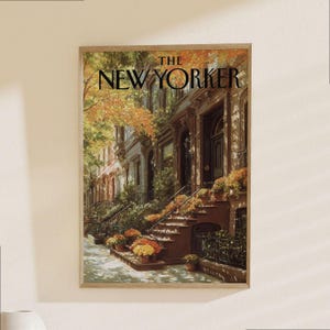 The New Yorker Poster - Autumn Brownstone Architecture Print, Fall Foliage New York City Street Scene Wall Art image 1