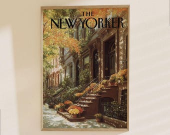 Póster de The New Yorker - Lámina de arquitectura otoñal de casas de piedra rojiza, arte mural de escena callejera de la ciudad de Nueva York con follaje otoñal