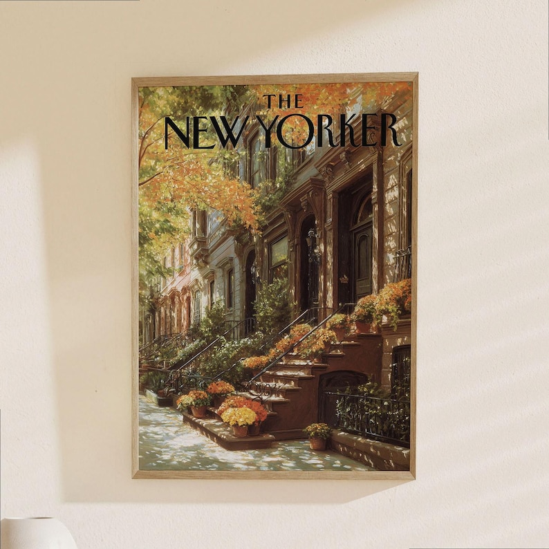 The New Yorker Poster - Autumn Brownstone Architecture Print, Fall Foliage New York City Street Scene Wall Art image 1