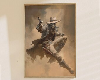 Skeleton Cowboy Poster - Western Outlaw Steampunk Art Print for Game Room and Man Cave Decor