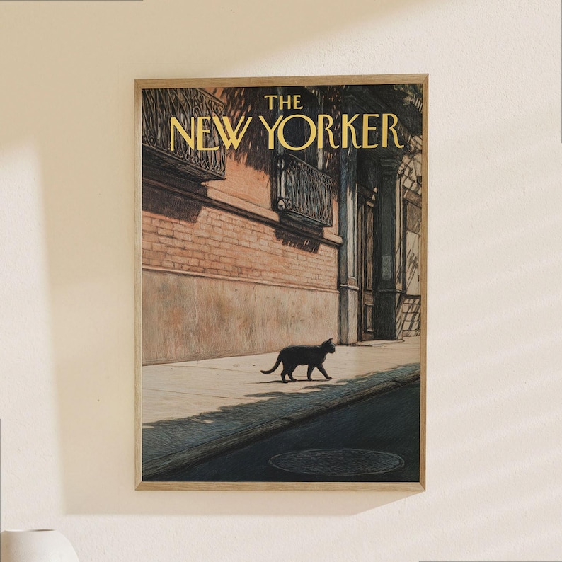 Póster de The New Yorker - Arte mural de escena urbana con gato negro, impresión de portada de revista vintage imagen 1