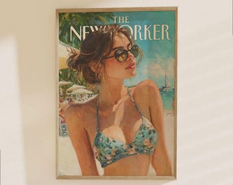The New Yorker Poster - Stylish Beach Woman Portrait Illustration Print, Retro Coastal Summer Wall Art