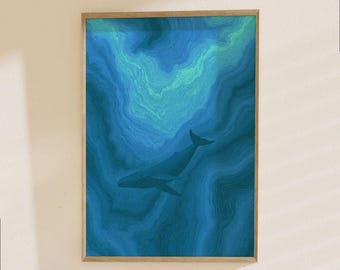 Ocean Marine Animal Poster - Abstract Whale Swimming in Blue Waters, Nautical Wall Art Decor