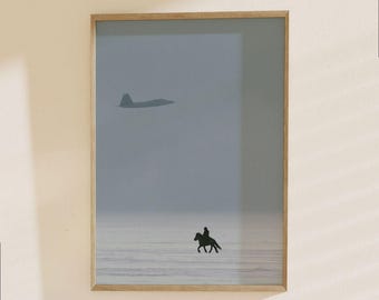 Surreal Beach Poster with Silhouette Rider and Flying Aircraft | Minimalist Coastal Art Print
