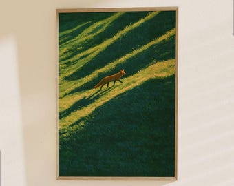 Fox in Wheat Field Poster - Wildlife Nature Art Print, Rustic Landscape Wall Decor