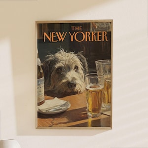 The New Yorker Poster - Vintage Dog at Bar Illustration, Humorous Animal Art Print, Retro Magazine Cover Decor image 1
