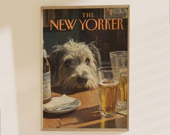 The New Yorker Poster - Vintage Dog at Bar Illustration, Humorous Animal Art Print, Retro Magazine Cover Decor