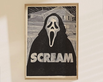 Scream Movie Poster - Horror Film Art Print - Ghostface Killer Vintage Woodcut Style Home Decor
